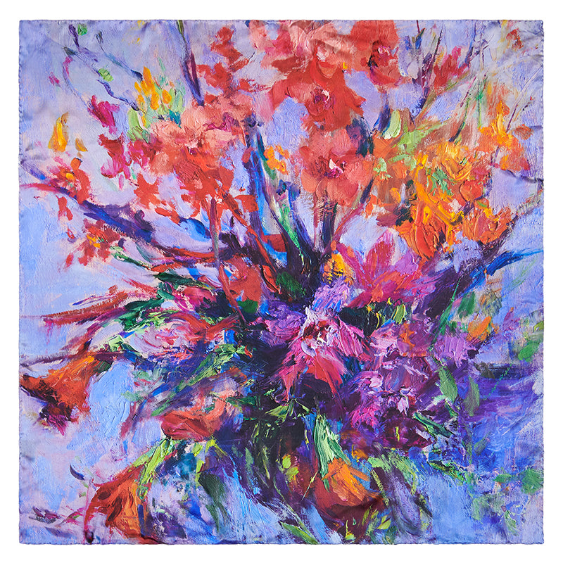 Square image showing entire design of multi-colored Lavender Dream Italian-made 100% silk scarf from Oksana Fine Art and Design, with bouquet of orchids on a purple and blue background.