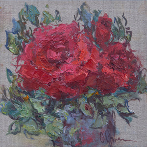 Small-original-oil-painting-Oksana-Johnson-red-roses-on linen-6x6 inches-impressionism-main-unframed image