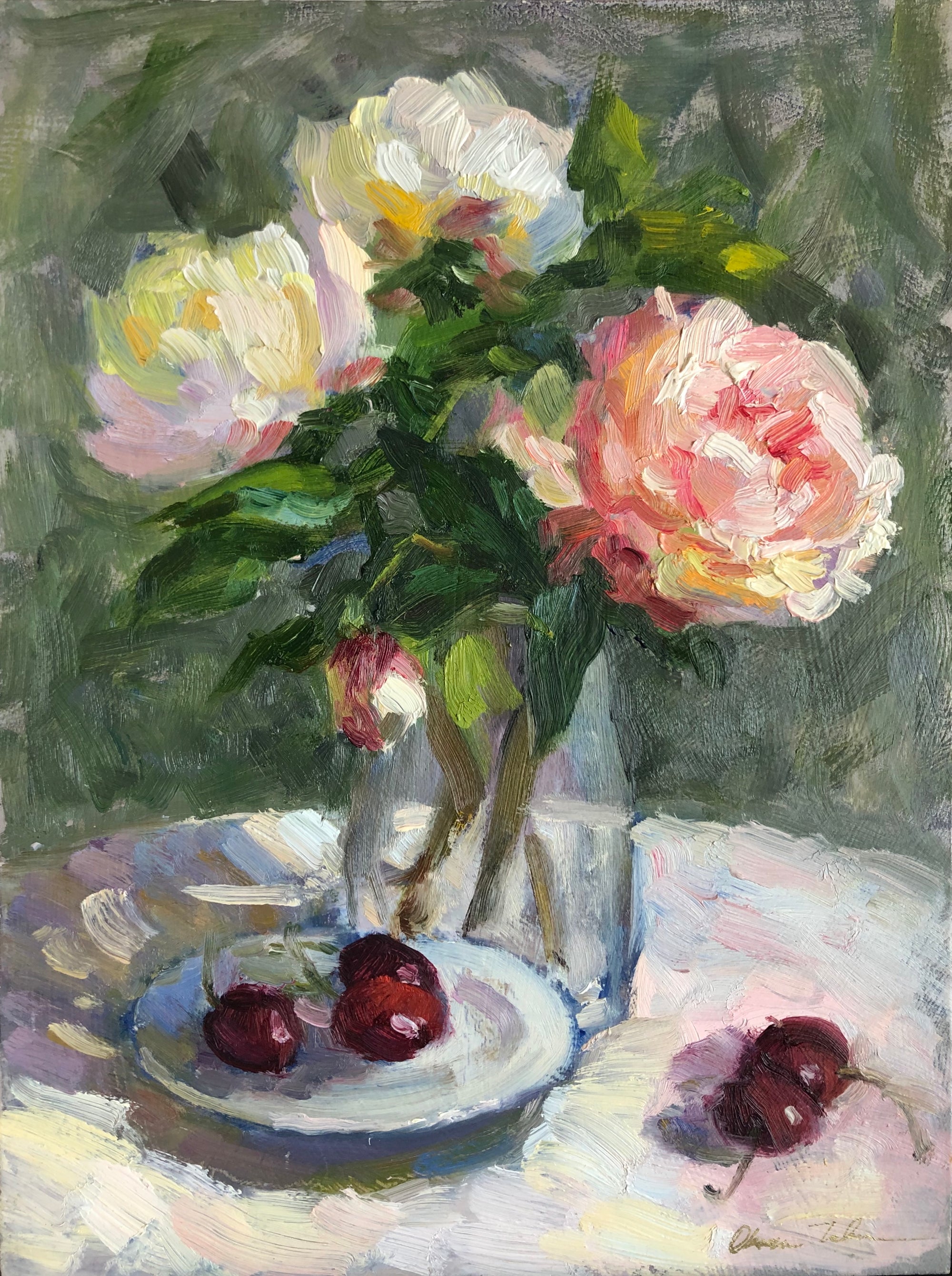 Still life painting of peonies and cherries
