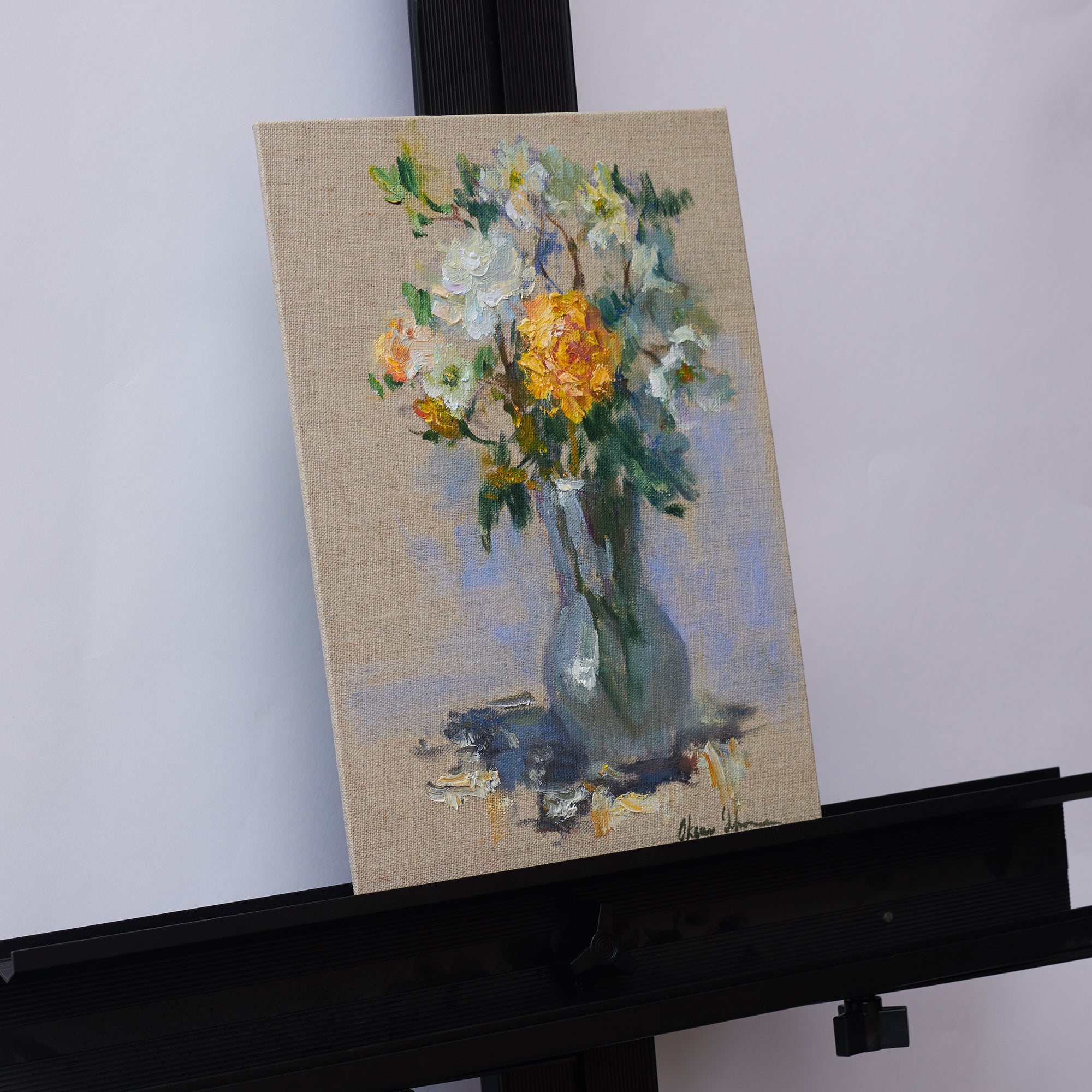 Oksana-Johnson-Oil-Painting-9x12-inches-Yellow-Rose-Vase-on-Canvas