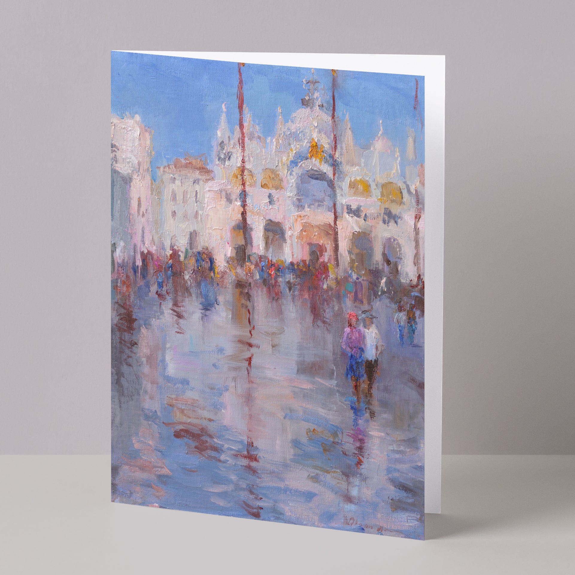 Fine art card of acqua alta in St. Mark's Square, Venice, Italy, with people, based on original oil painting by artist Oksana Johnson