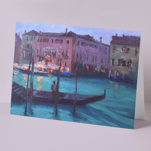 Fine art card of gondolier and gondola along the Grand Canal in Venice, Italy, painted by American artist Oksana Johnson