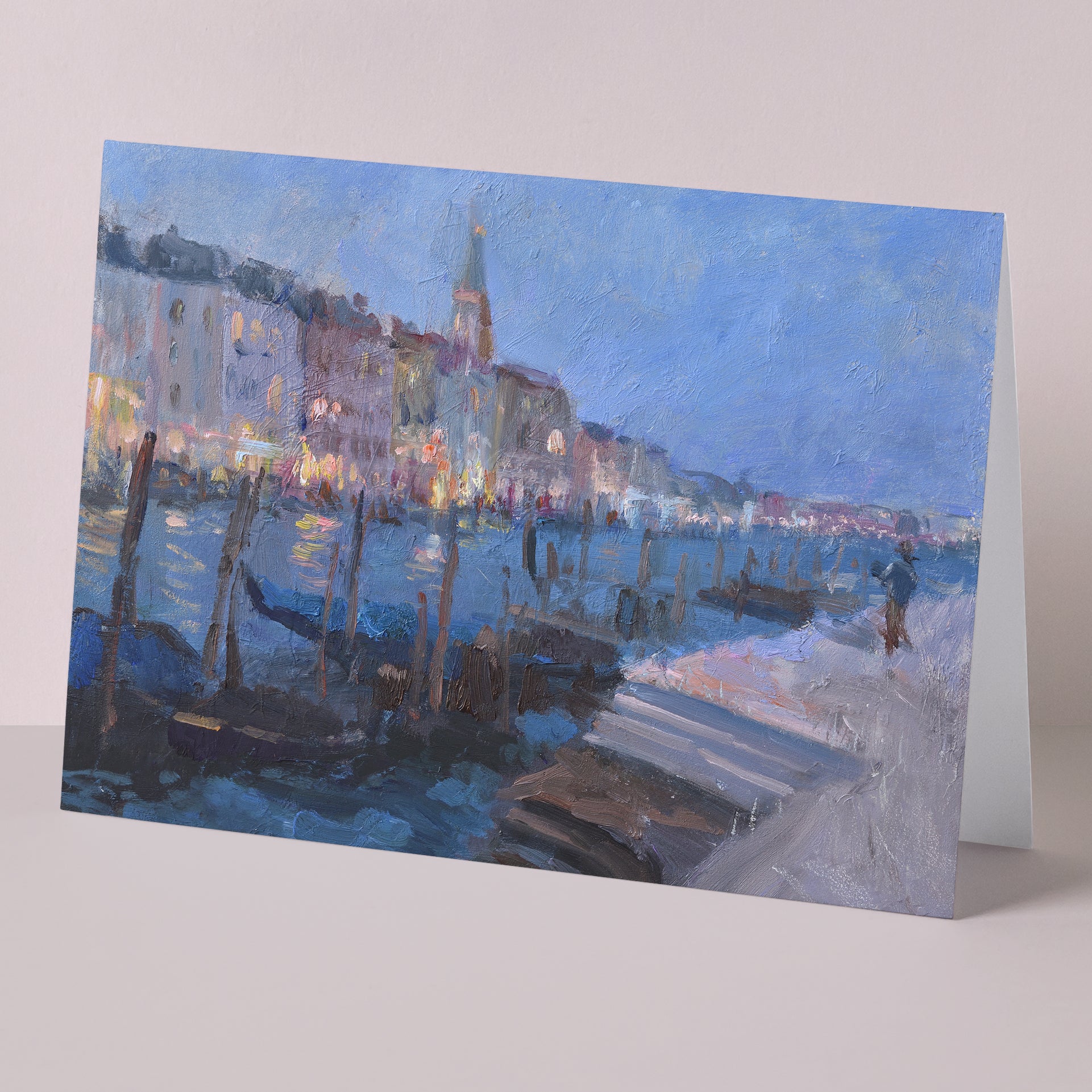 Fine art card of evening in Venice, Italy, with gondolas and buildings in background, based on original art by American impressionist Oksana Johnson