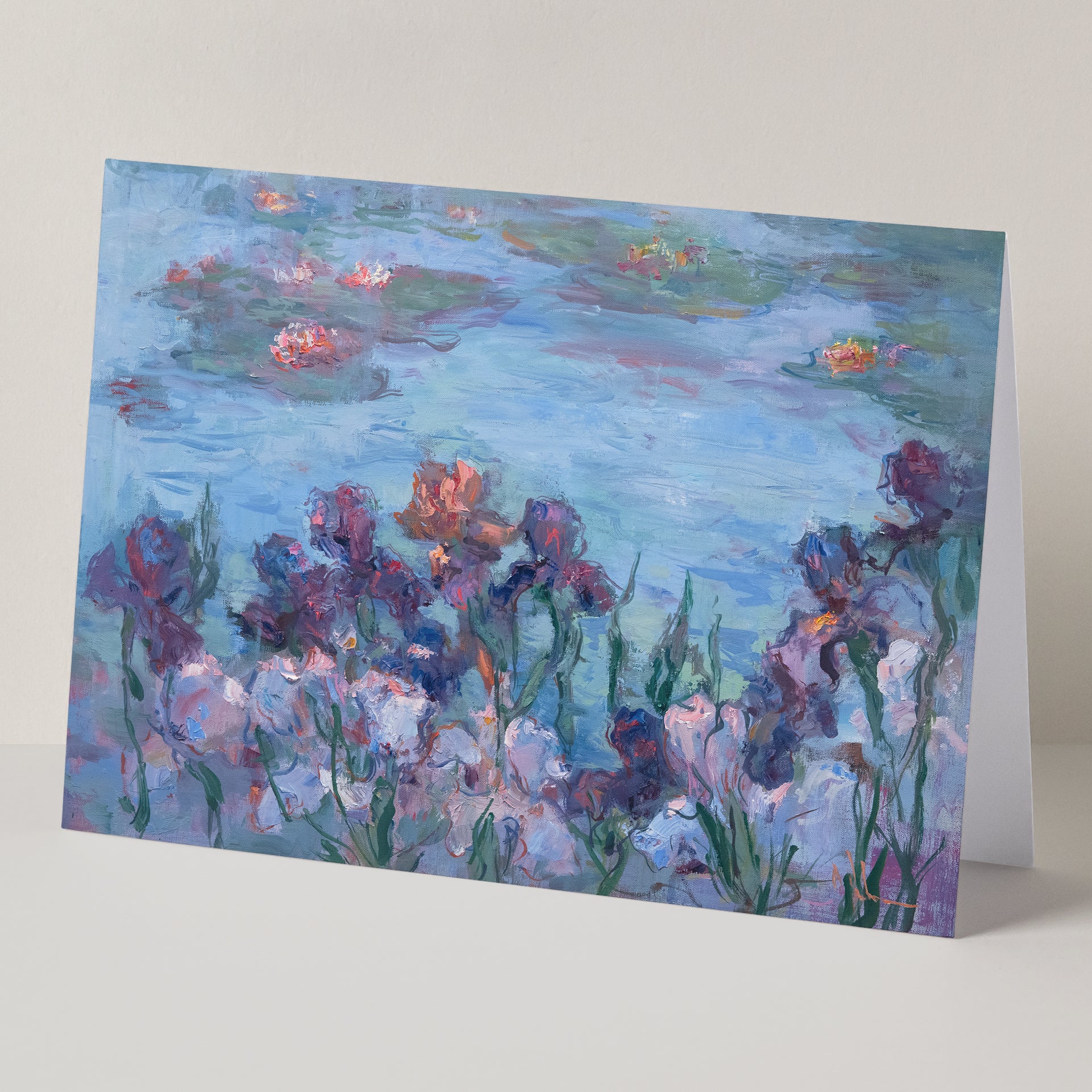 Fine Art Greeting Card Irises and Waterlilies, 5x7 all-occasion blank card, A7, based on original oil painting by Oksana Johnson 