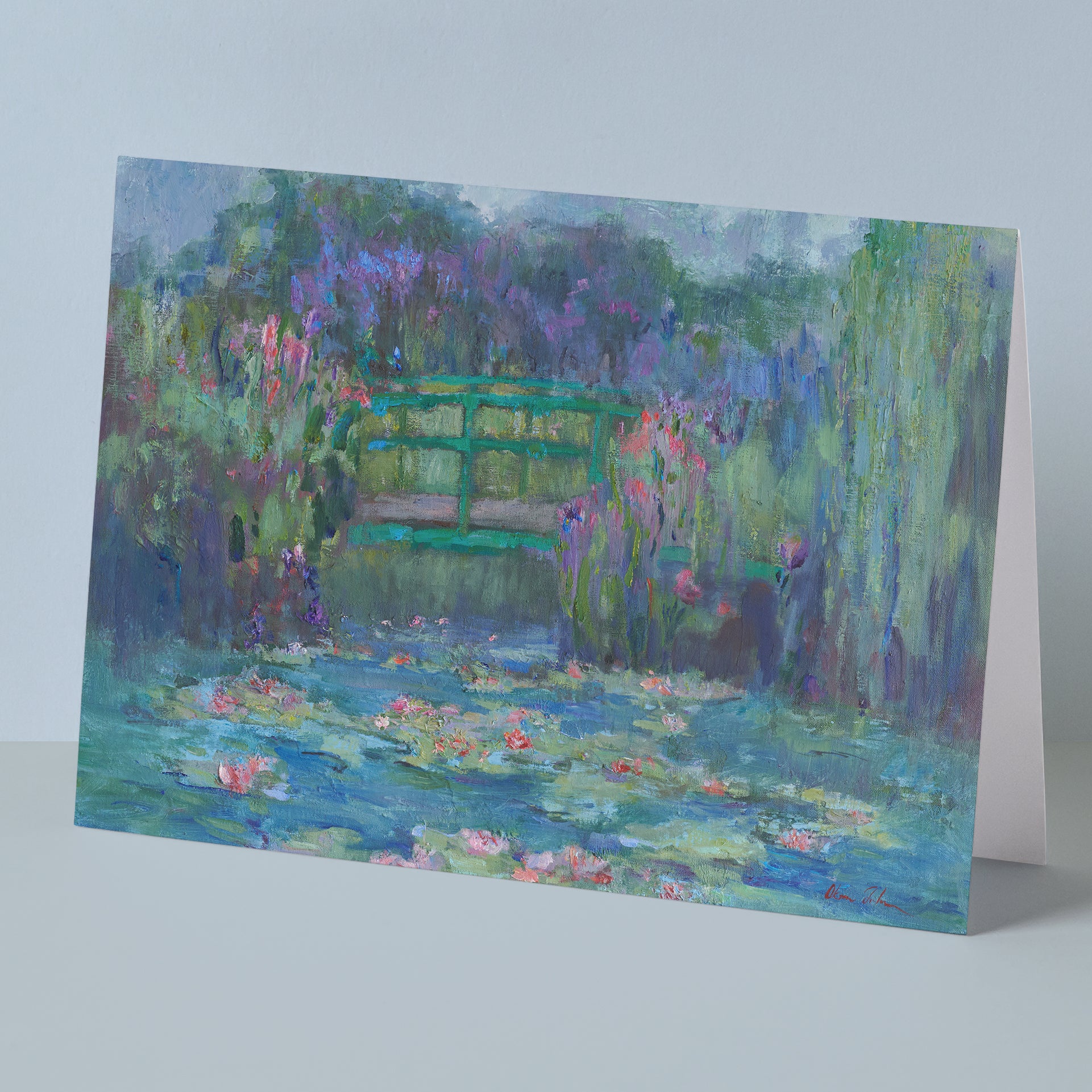 Original fine art card of Monet's garden and bridge, Memories of Giverny, painting by American artist Oksana Johnson