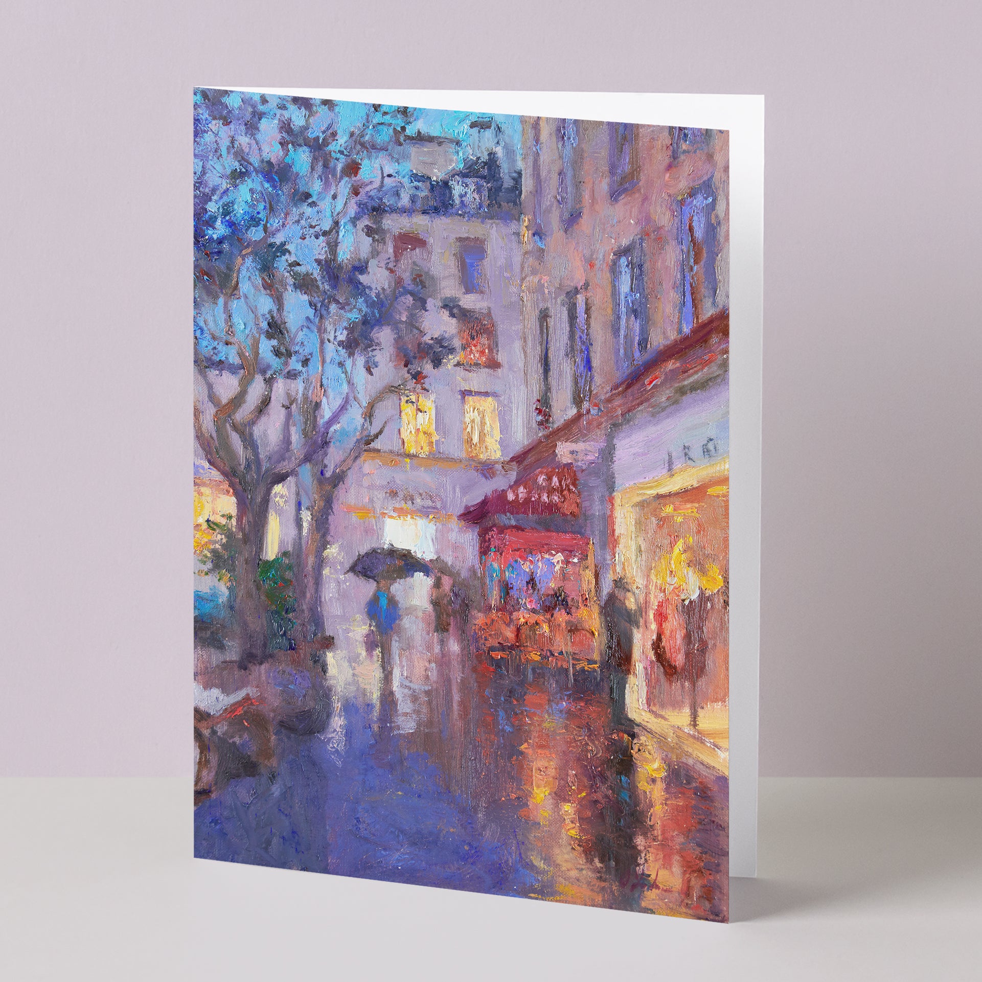 Fine art greeting card of evening scene with lights in Paris, France, based on original oil painting Parisian Holiday by Oksana Johnson