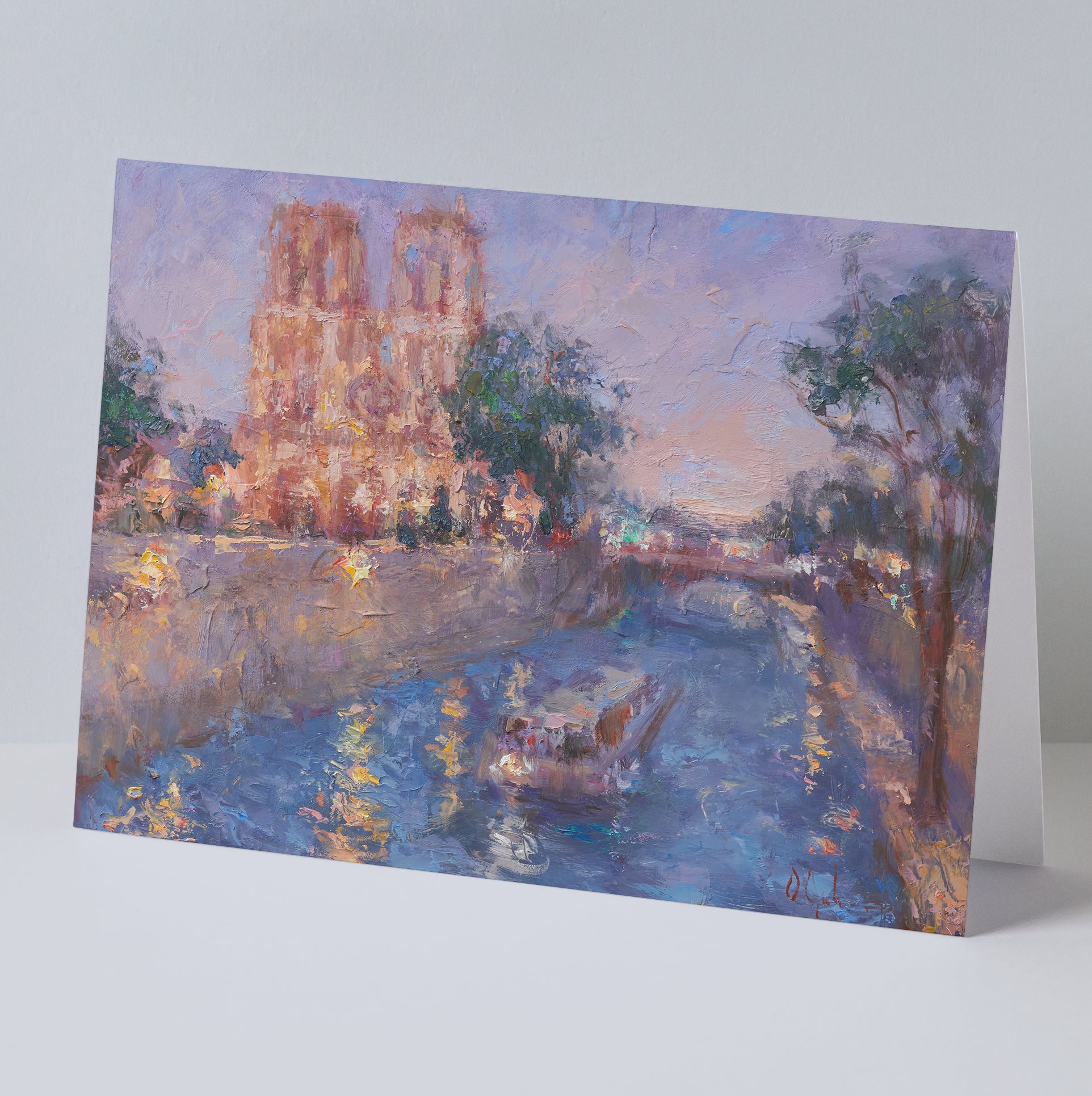 Fine art greeting card of Notre Dame cathedral and boat on Seine River in Paris, France, based on original oil painting Twilight in Paris by Oksana Johnson