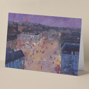 Fine art greeting card of Parisian square and pedestrians from above with Eiffel Tower on the horizon, based on original oil painting Out for the Evening by Oksana Johnson