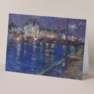 Fine art greeting card of night scene of Louvre along Seine River in Paris, France, based on original oil painting Walk along the Seine by Oksana Johnson