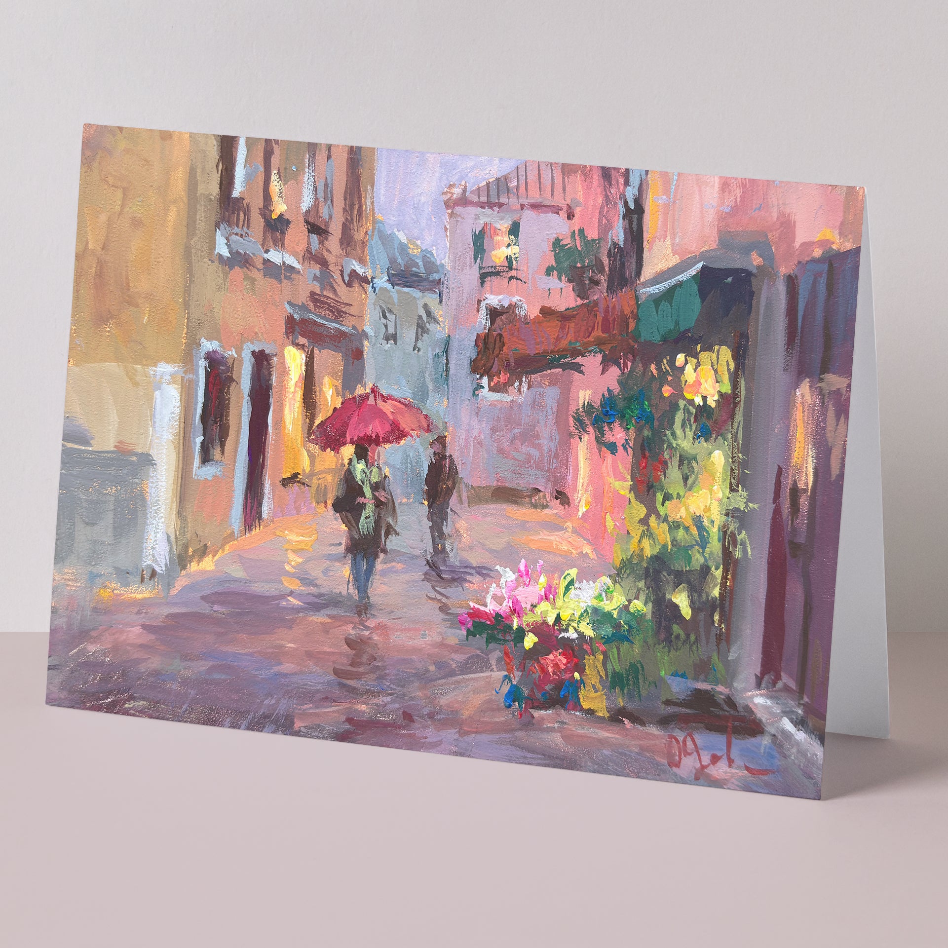 Brightly colored fine art card of a street scene with a flower shop in Venice, Italy, painted by American artist Oksana Johnson