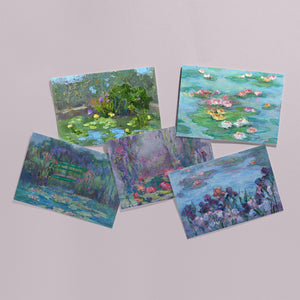 Fine art greeting cards set of 5 overlapping display, waterlilies and gardens, Monet's bridge, 5x7 blank, based on original oil paintings by Oksana Johnson