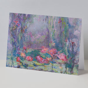 Fine art greeting card of Water lily garden, pink, green, purple, horizontal 5x7, based on original oil painting by Oksana Johnson