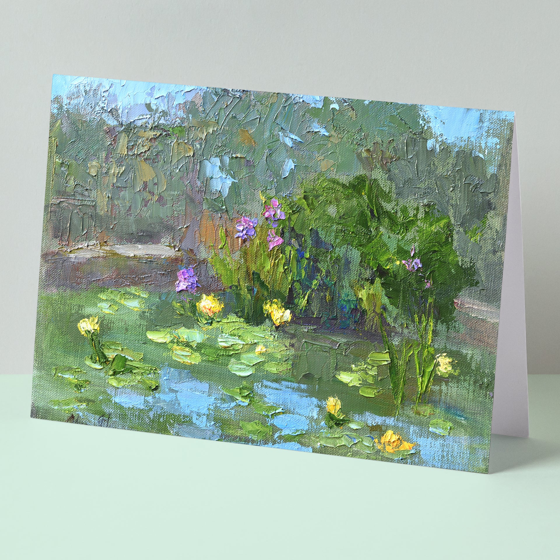 Fine art greeting cards set of 5 overlapping display, waterlilies and gardens, Monet's bridge, 5x7 blank, based on original oil paintings by Oksana Johnson