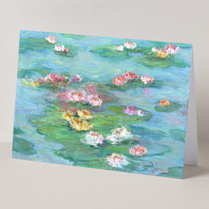 Fine art card all occasion, blank inside, water lilies in pond, white, pink, yellow blossoms, based on original oil painting by Oksana Johnson