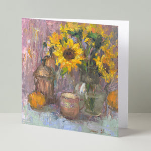 Floral fine art card based on original still-life oil painting of yellow sunflowers, standing up, partly open