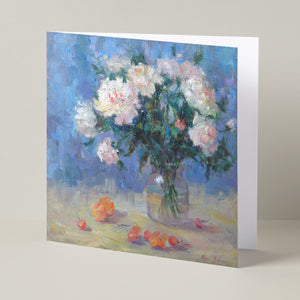 Floral fine art card based on original still-life oil painting of peonies and cherries, standing up, partly open