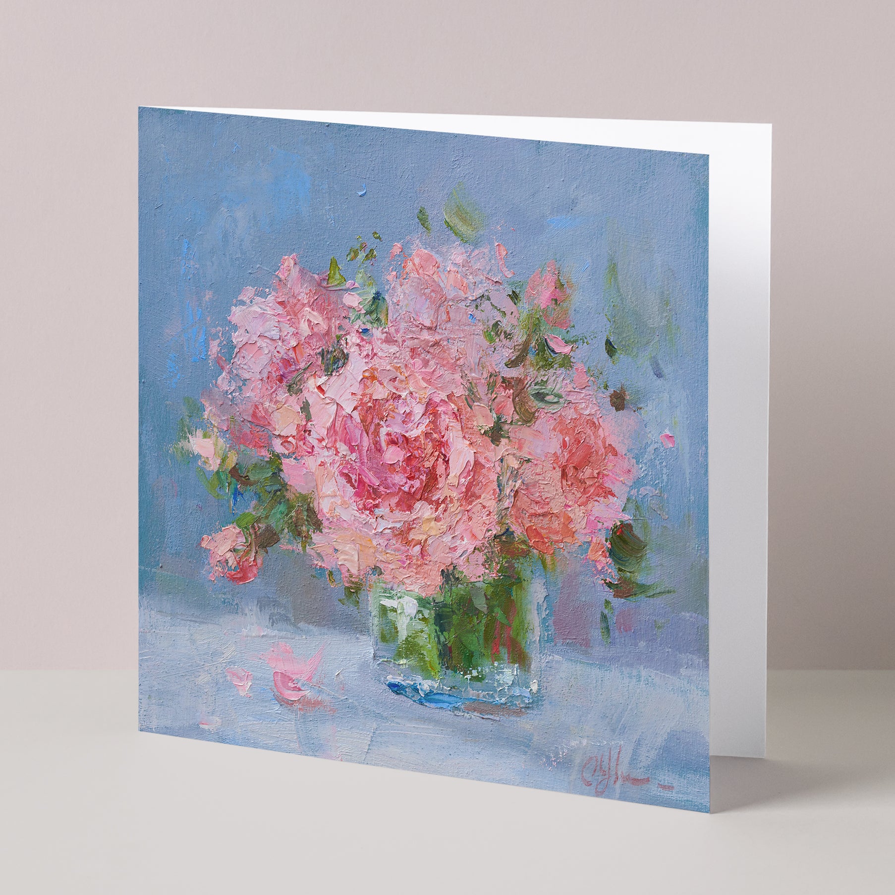 Floral fine art card based on original still-life oil painting of pink peonies, standing up, partly open