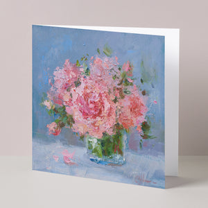 Floral fine art card based on original still-life oil painting of pink peonies, standing up, partly open