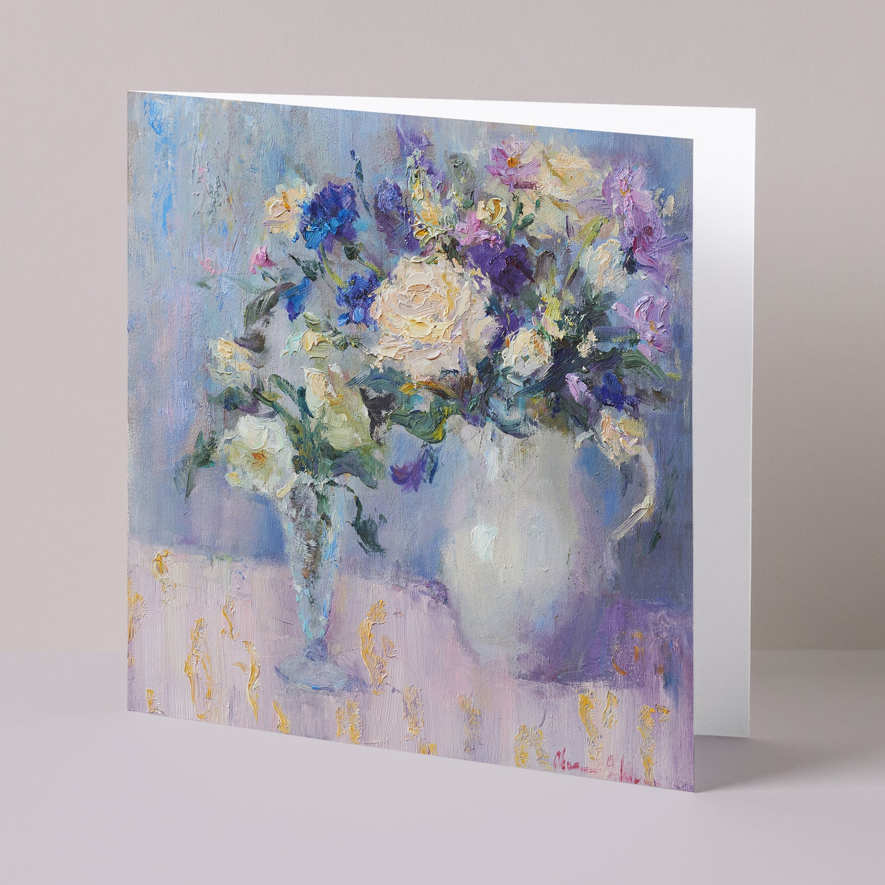 Floral fine art card based on original still-life oil painting of assorted flowers, standing up, partly open