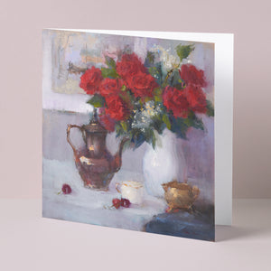 Floral fine art card based on original still-life oil painting of red roses, vase, pot, standing up, partly open