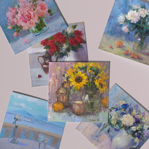 Square floral fine art cards set of 6 on background, including sunflowers, roses, peonies, cherries