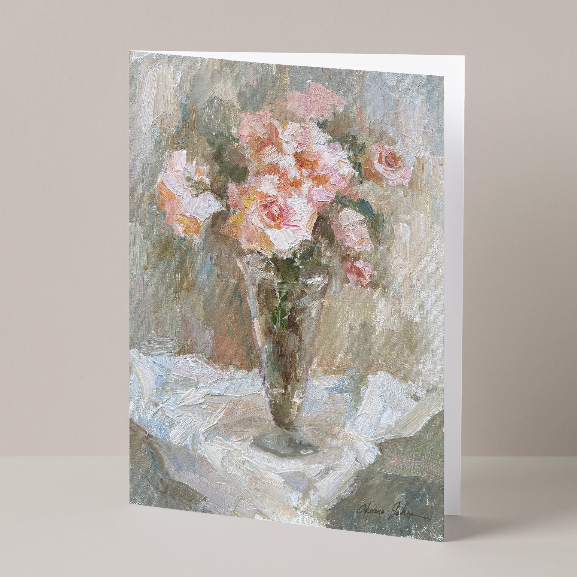 Floral fine art greeting card set 5x7, five cards displayed on background, including roses, magnolias, irises, and other flowers, based on original still-life oil paintings by Oksana Johnson