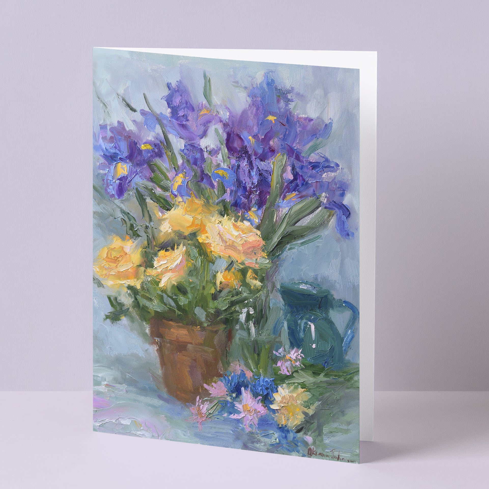 Floral fine art greeting card Irises and Roses, yellow and purple blossoms, 5x7 vertical card, based on original still-life oil painting by Oksana Johnson