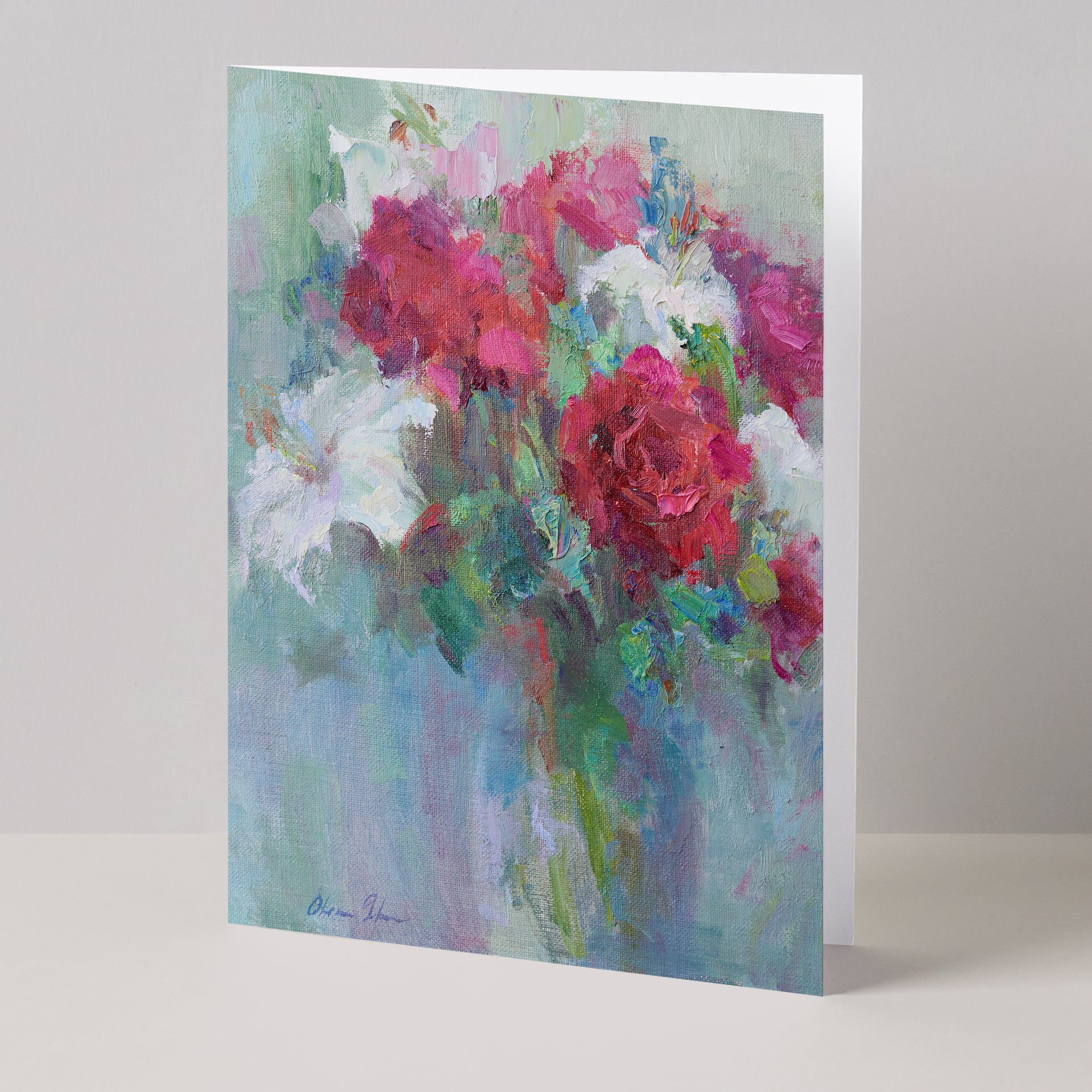 Floral fine art greeting card of lilies and roses, based on original still-life oil painting by Oksana Johnson