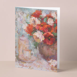 Floral fine art greeting card, orange, white, and beige colors, based on original oil painting by artist Oksana Johnson