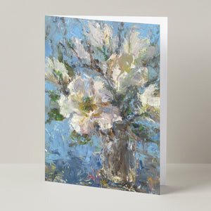 Floral fine art greeting card White Magnolias 5x7 vertical, based on original oil painting by Oksana Johnson