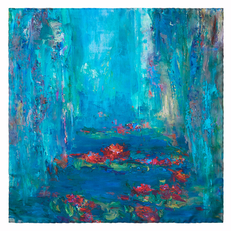 Oksana_WaterLilies_ItalianSilkScarf_Green_65x65cm_OksanaFineArtDesign_1_Monet_Giverny