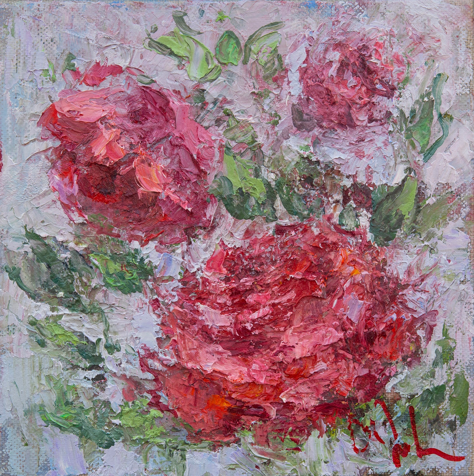 Oksana Johnson original oil painting three red roses texture square
