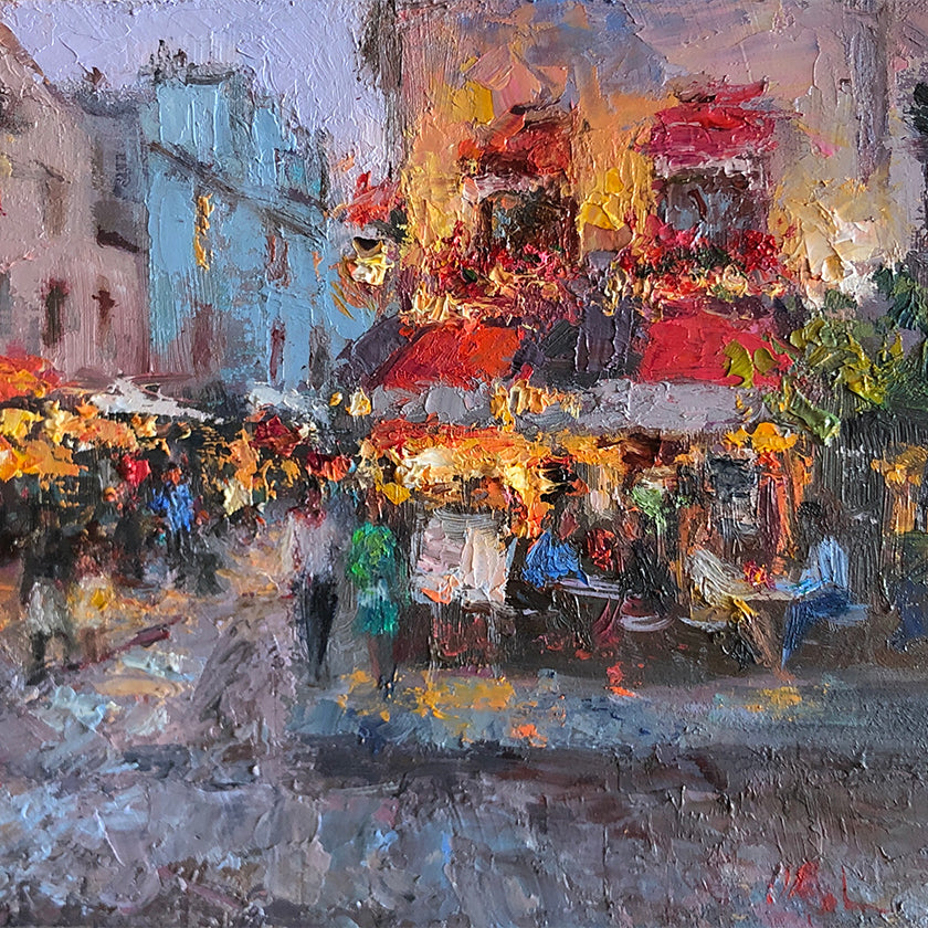 Detail from colorful impressionist oil painting of evening cafe scene in Paris, France, lit by streetlights.