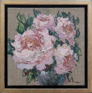 Oksana Johnson original oil painting pink roses Pastel Elegance square textured in frame
