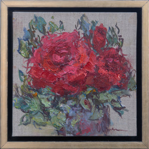 Small-original-oil-painting-Oksana-Johnson-red-roses-framed-on linen-6x6 inches-impressionism-main