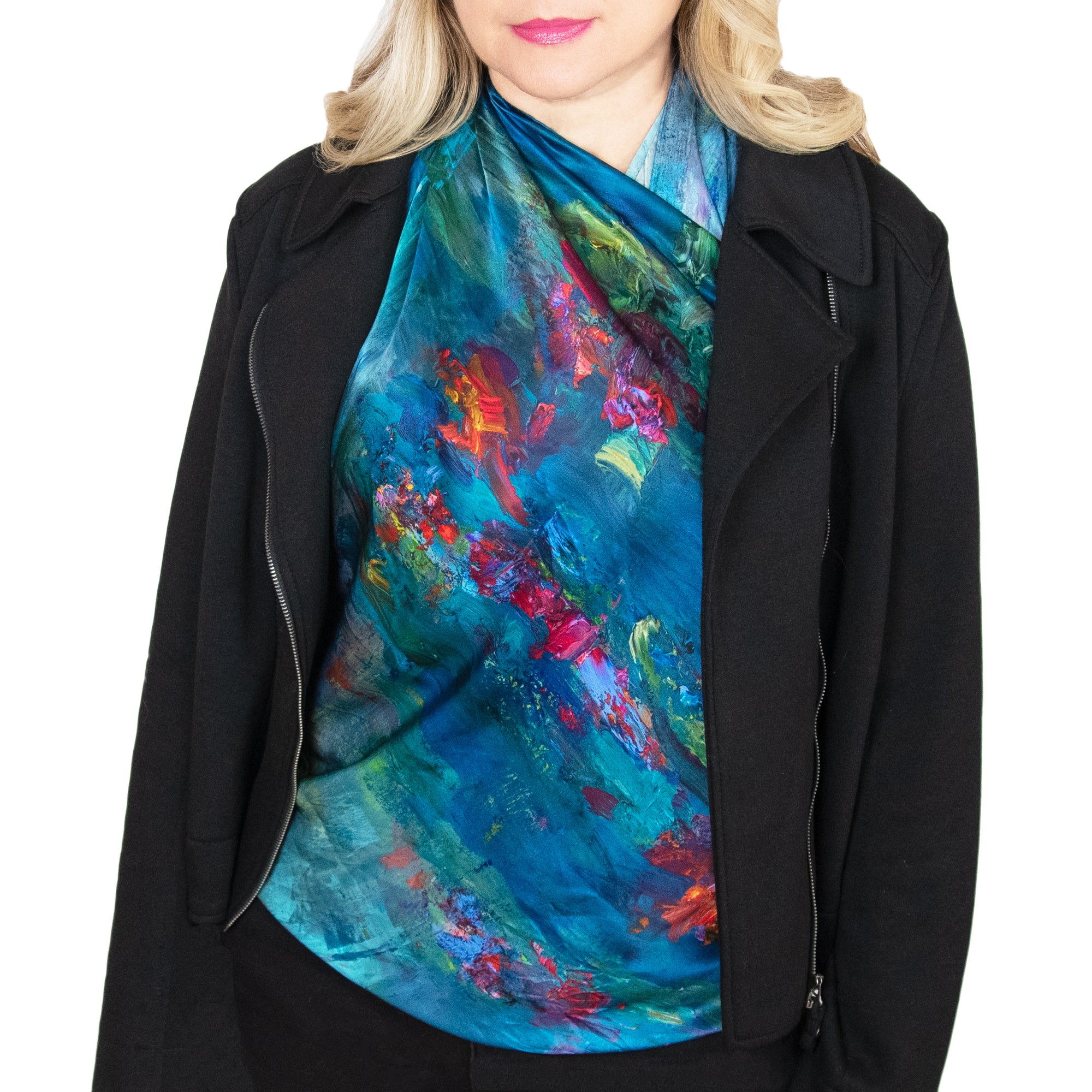 WaterLilies_ItalianSilkScarf_Green_110x110cm_model_with_jacket