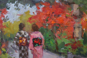 Close-up detail of original oil painting by Oksana Johnson of two women in traditional Japanese kimonos walking in an ornamental park with autumn leaves and other fall foliage. 