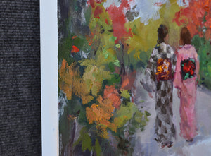 Edge of original oil painting by Oksana Johnson of two women in Japanese kimonos in park. 