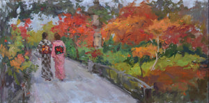 Original oil painting by Oksana Johnson of two women in traditional Japanese kimonos walking in an ornamental park with autumn leaves and other fall foliage. Main image, without frame.