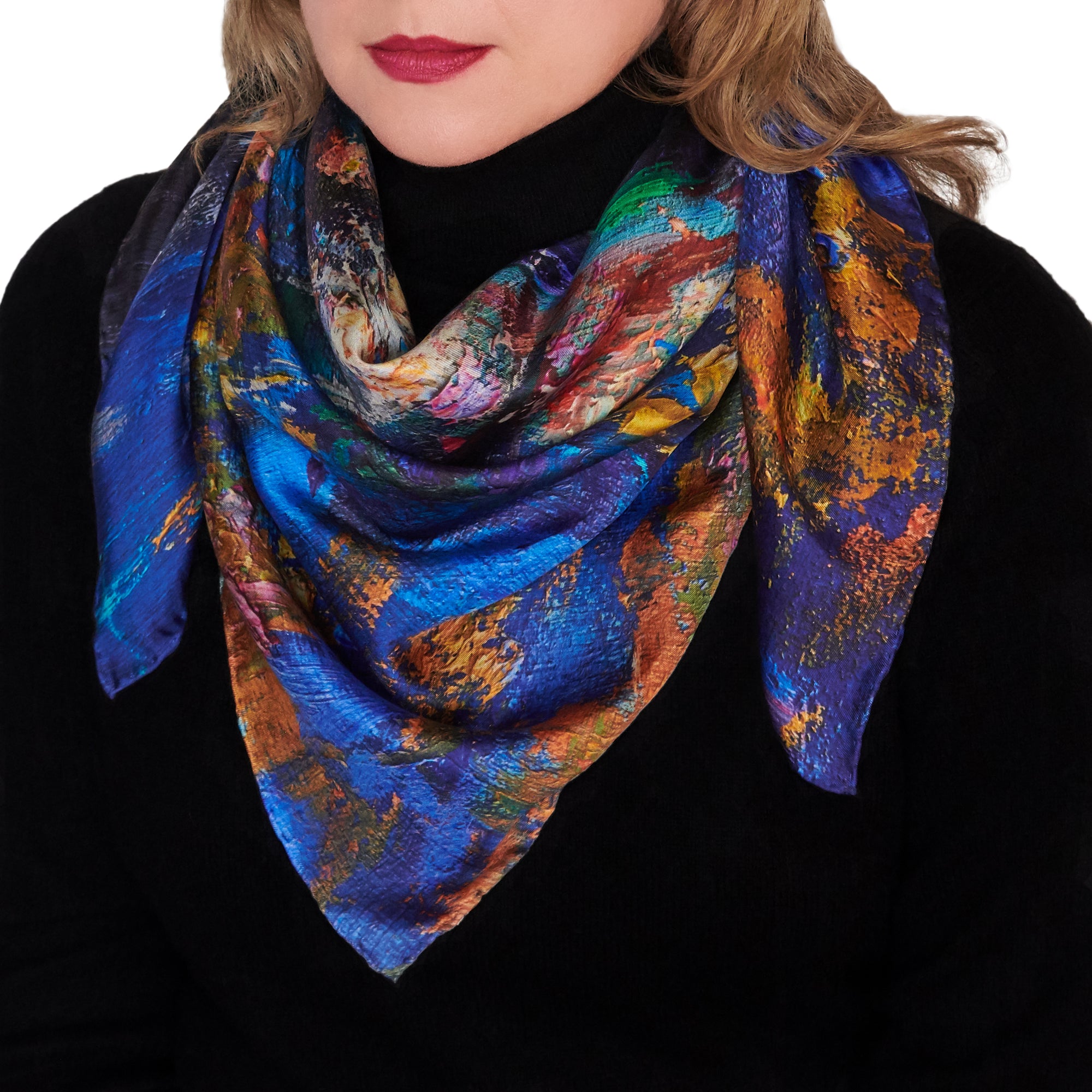 Oksana_GoldenLeaves_ItalianSilkScarf_Gold_Blue_90x90m_OksanaFineArtDesign-3