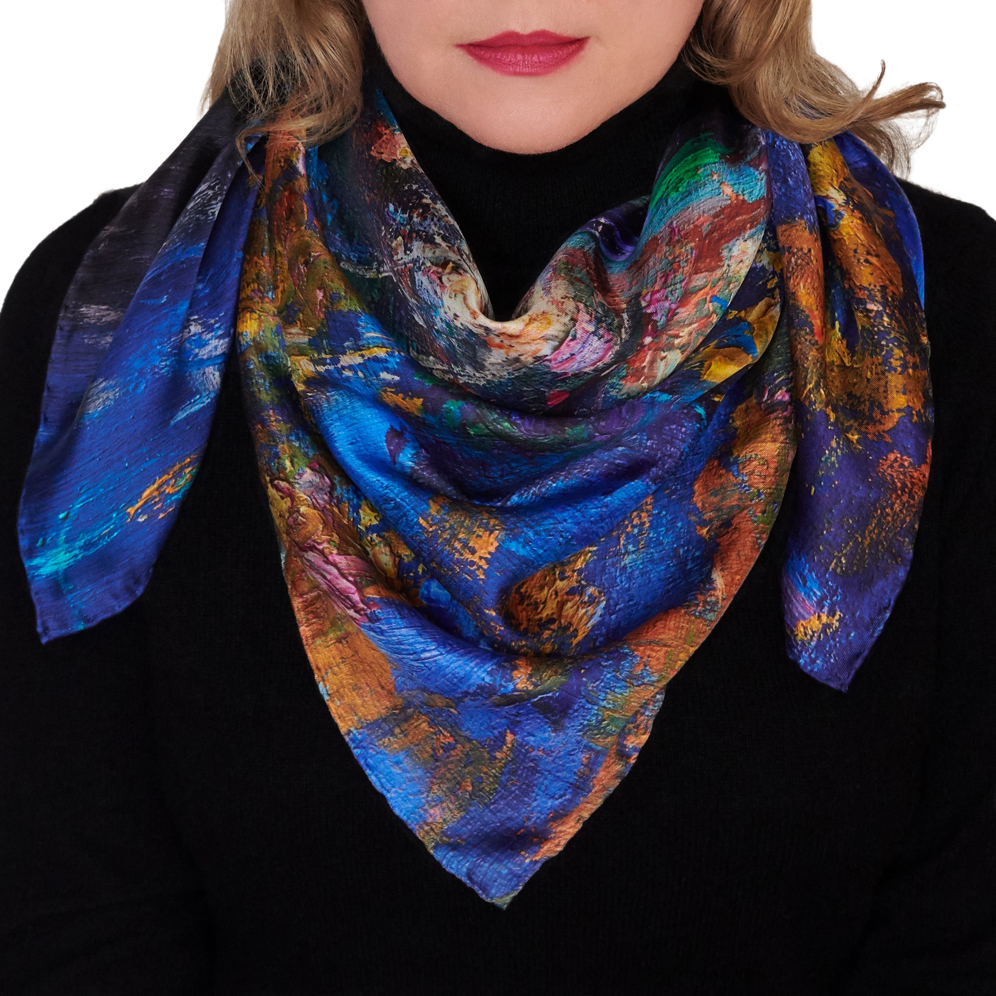 Oksana_GoldenLeaves_ItalianSilkScarf_Gold_Blue_90x90m_OksanaFineArtDesign-2