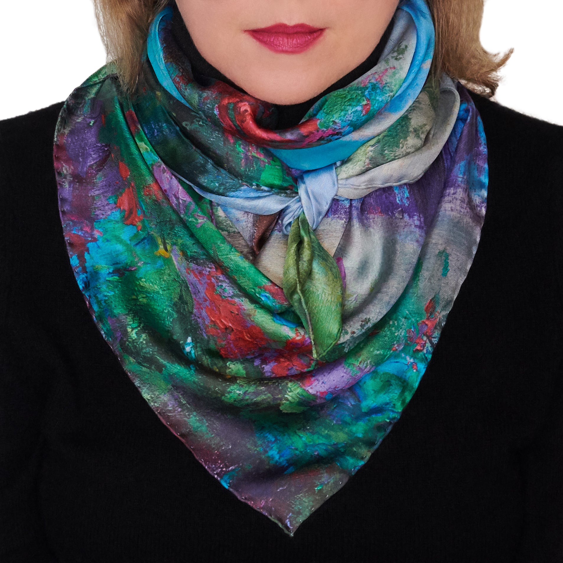 Oksana_Reverie_ItalianSilkScarf_Green_Red_Blue_90x90cm_OksanaFineArtDesign_3