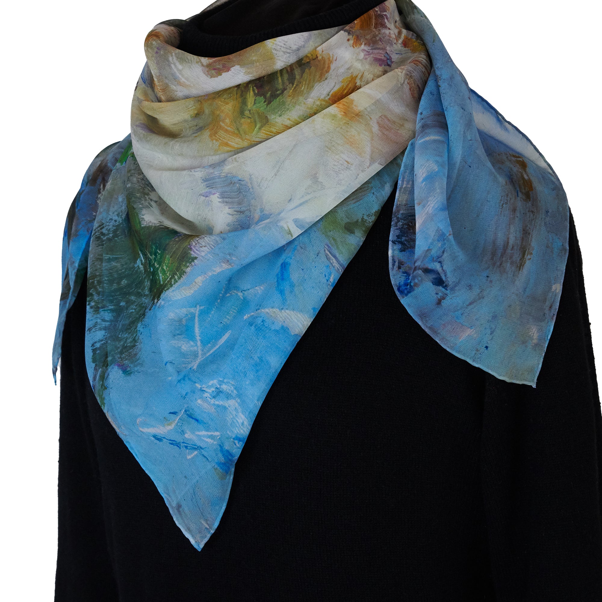 Oksana_WhiteMagnolias_ItalianSilkScarf_LightBlue_90x90cm_OksanaFineArtDesign_GeorgetteSilk_Impressionist_Art