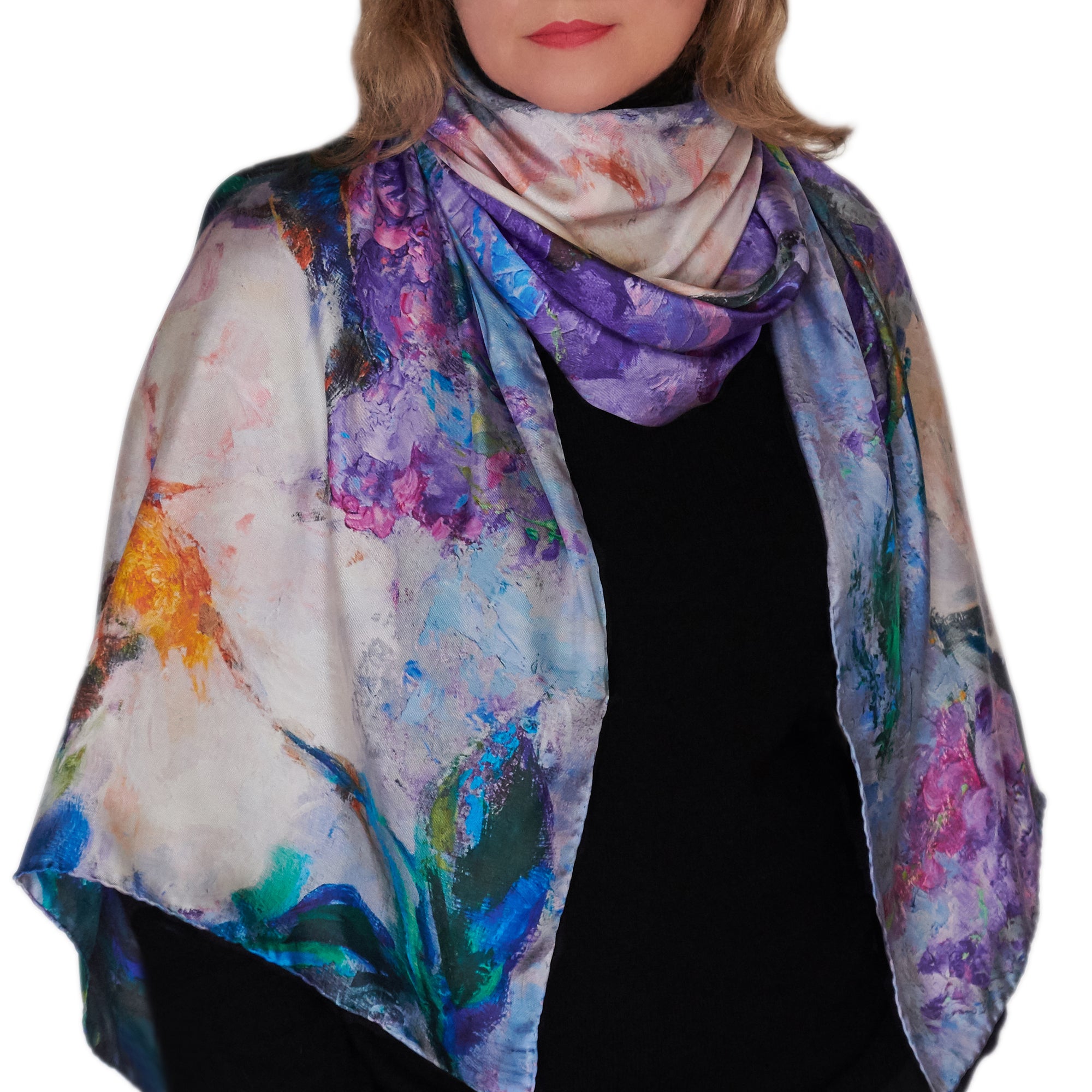 Oksana_WisteriaMagnolias_ItalianSilkScarf_Purple_White_Yellow_75x24inches_OksanaFineArtDesign_2_Floral_Long_Rectangle