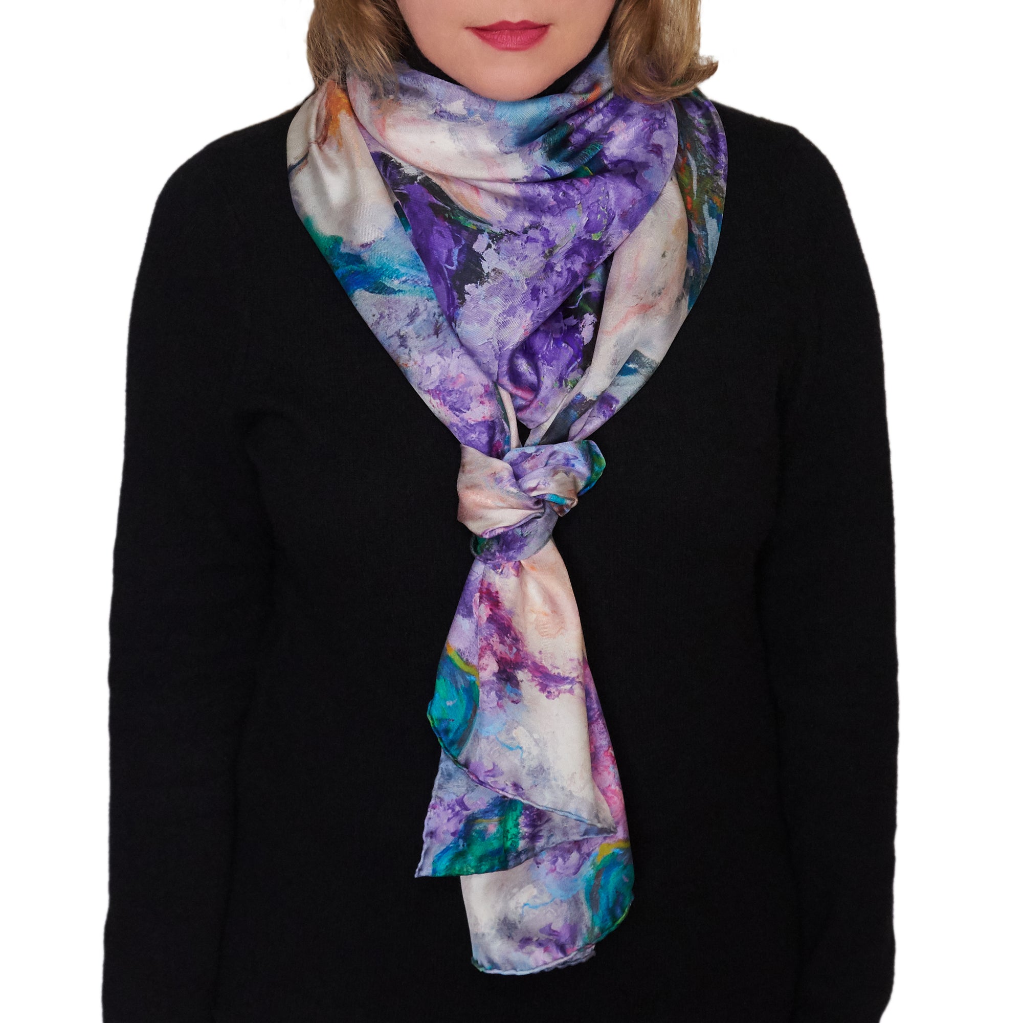 Oksana_WisteriaMagnolias_ItalianSilkScarf_Purple_White_Yellow_84x16inches_OksanaFineArtDesign_1_Floral_Long_Rectangle