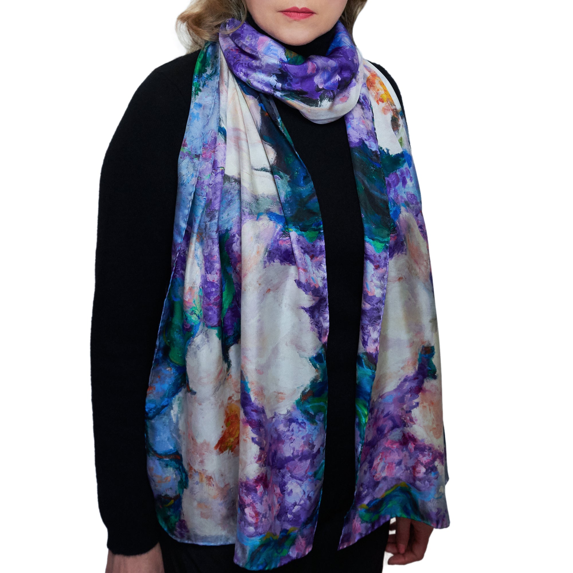 Oksana_WisteriaMagnolias_ItalianSilkScarf_Purple_White_Yellow_84x16inches_OksanaFineArtDesign_4_Floral_Long_Rectangle