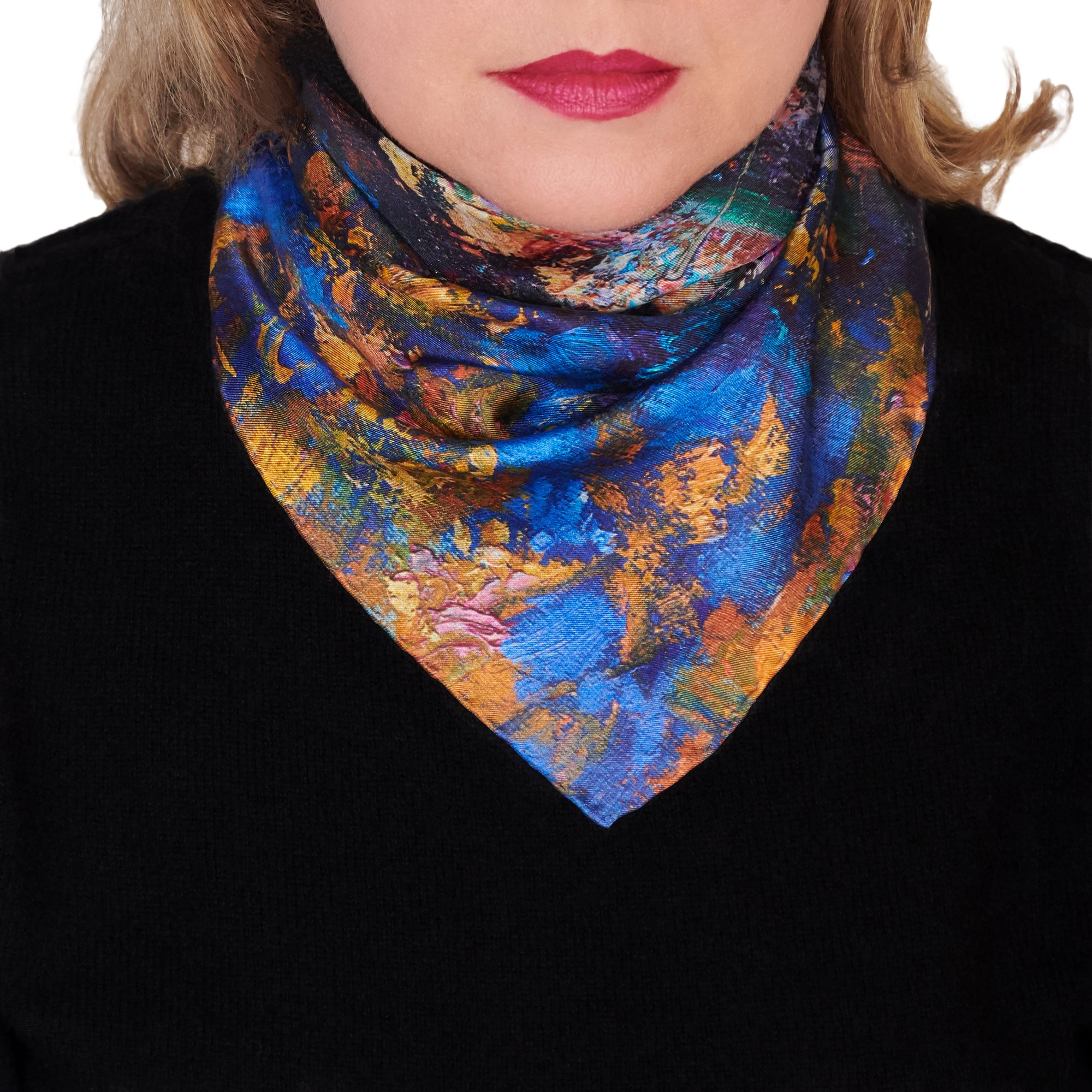 Oksana_GoldenLeaves_ItalianSilkScarf_Orange_Blue_42x42cm_OksanaFineArtDesign