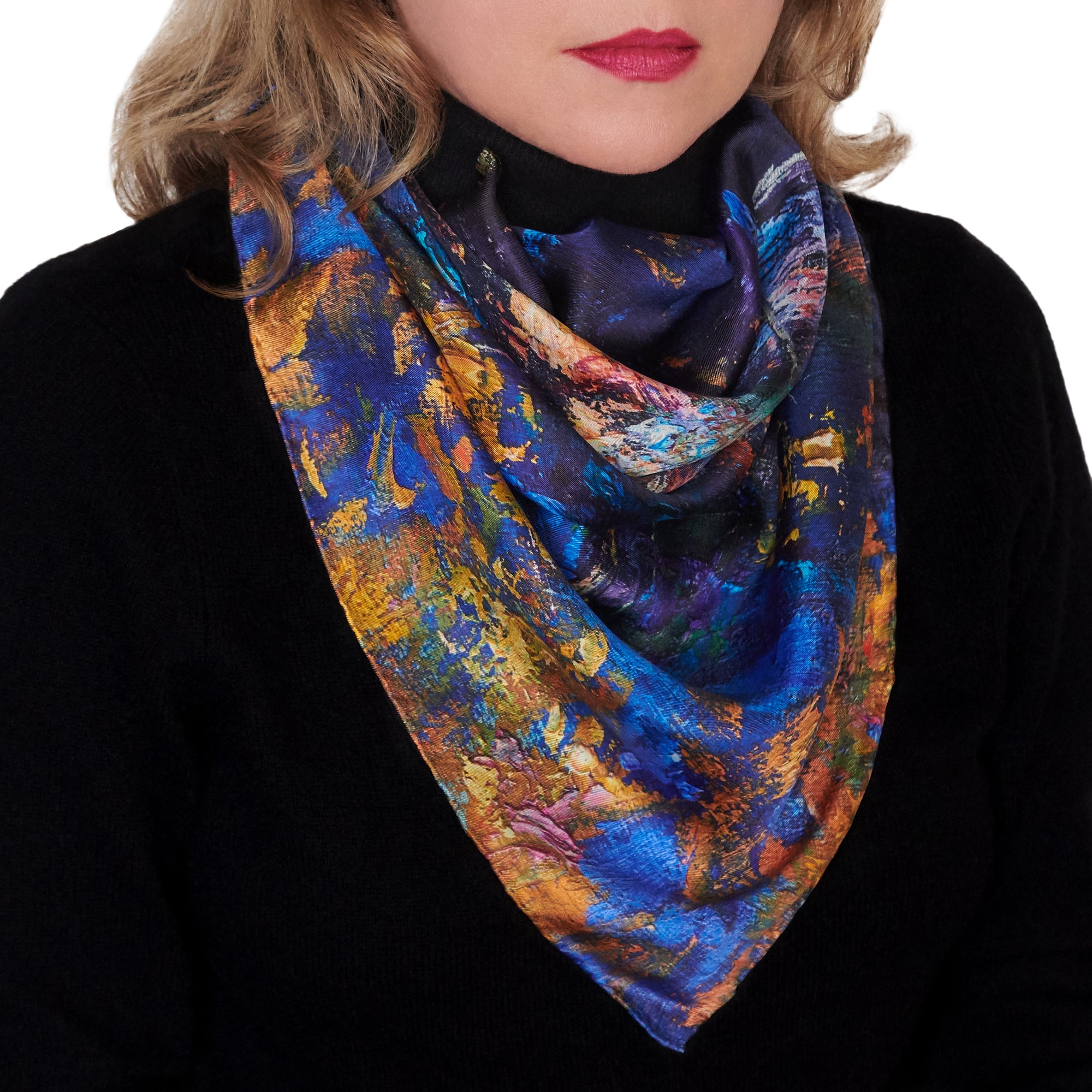 Oksana_GoldenLeaves_ItalianSilkScarf_Gold_Blue_65x65cm_OksanaFineArtDesign-2