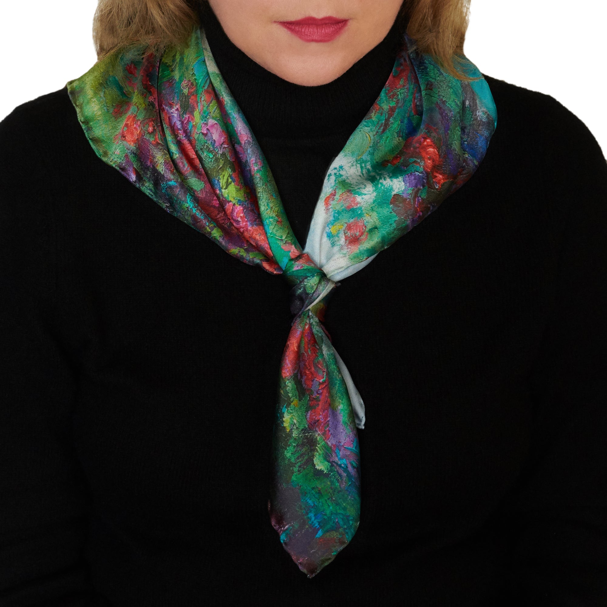 Oksana_Reverie_ItalianSilkScarf_Green_Red_Blue_65x65cm_OksanaFineArtDesign_2