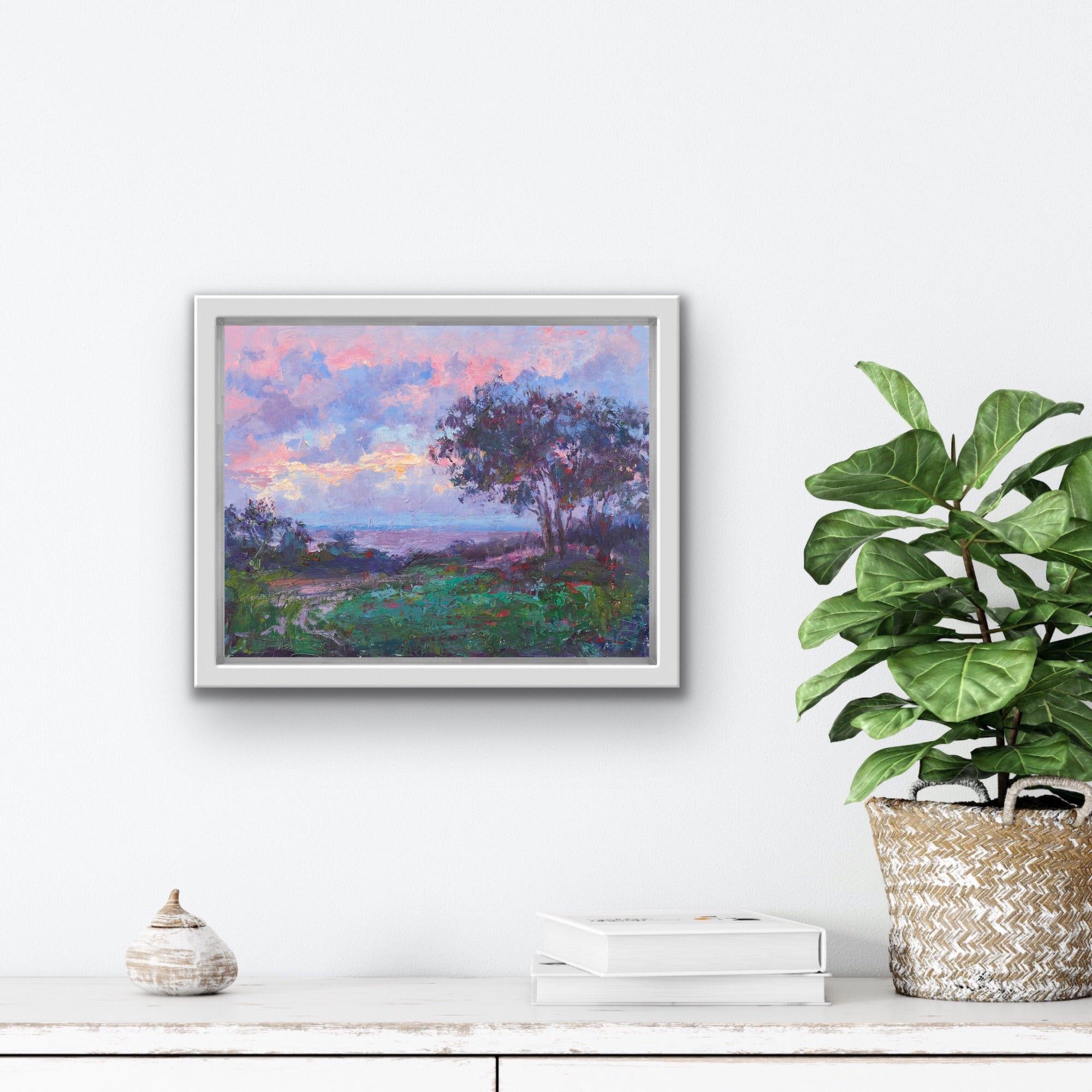 Oksana-Johnson-original-oil-painting-Pink-Sunset-before-the-Rain-Pointe-du-Hoc-Normandy-France-Trees-Hill-Ocean-Sunset-11x14-inches